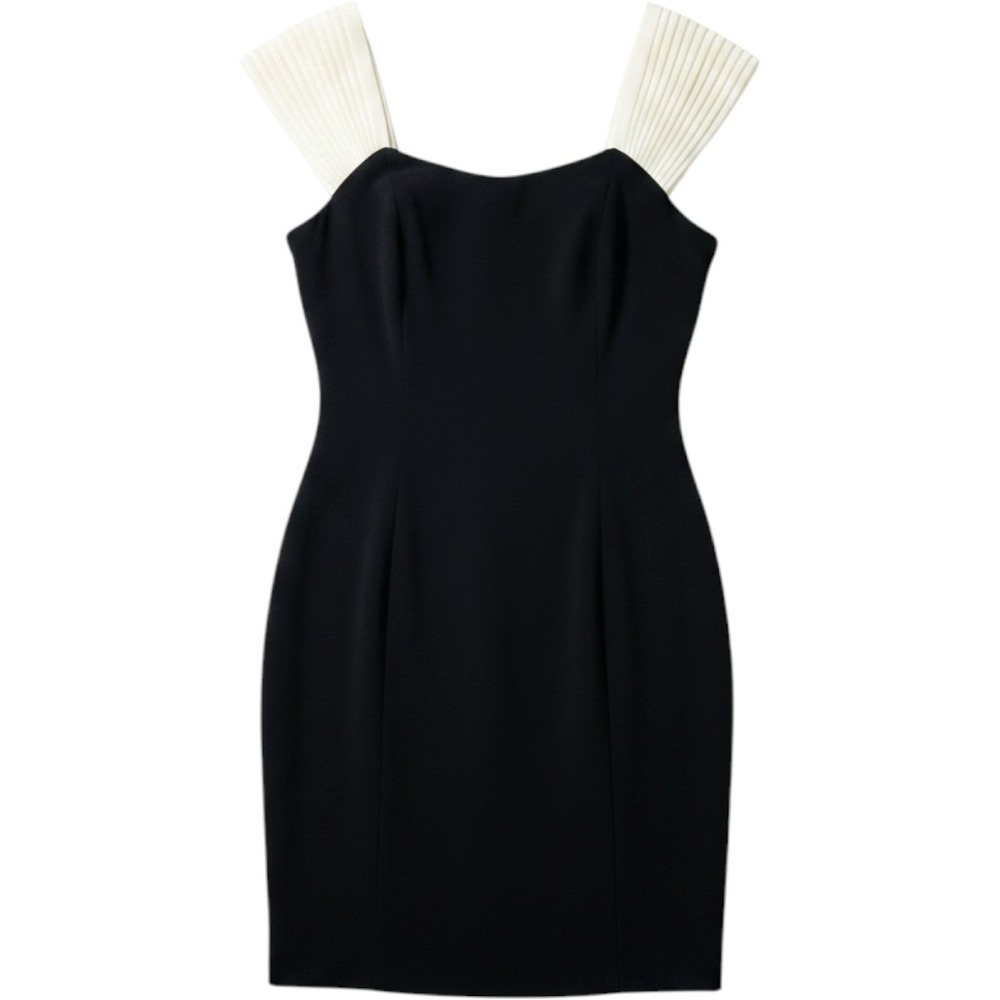 Vintage Marianna Black Sheath Dress Cream Sz 14 Pleated Cap Sleeve Cocktail